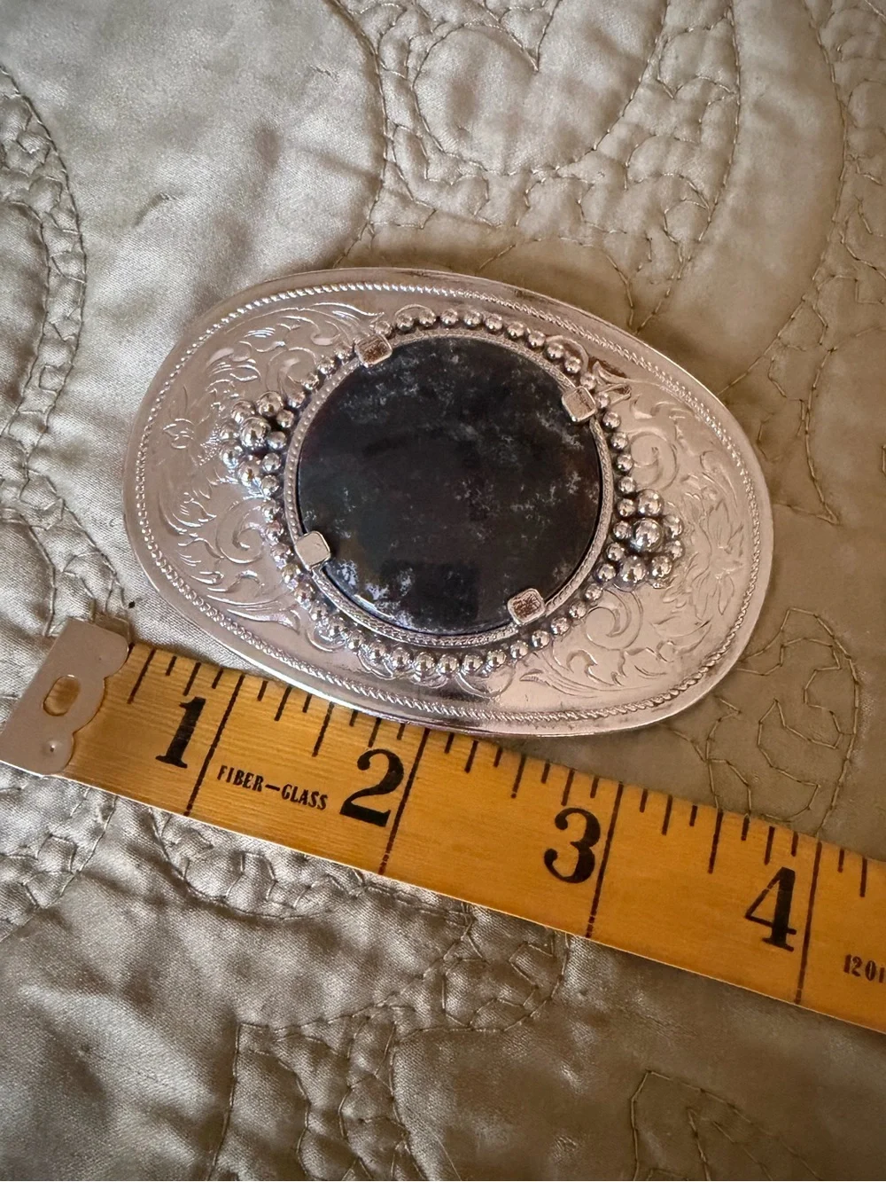 Silvertone Western Belt Buckle w Black Stone Accent Boho Cowboy Southwest Chic